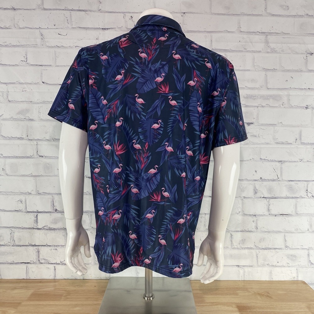 Greater Half Shirt Men's Large Polo Short Sleeve GH Shirt Blue Flamingo Hawaiian - Picture 6 of 10